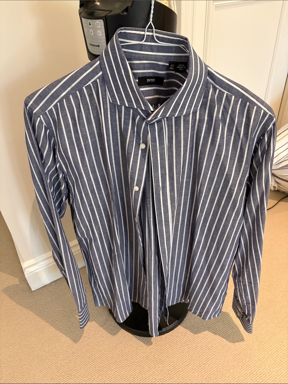 Boss Navy and White Vertical Stripe Casual Button-Down Shirt